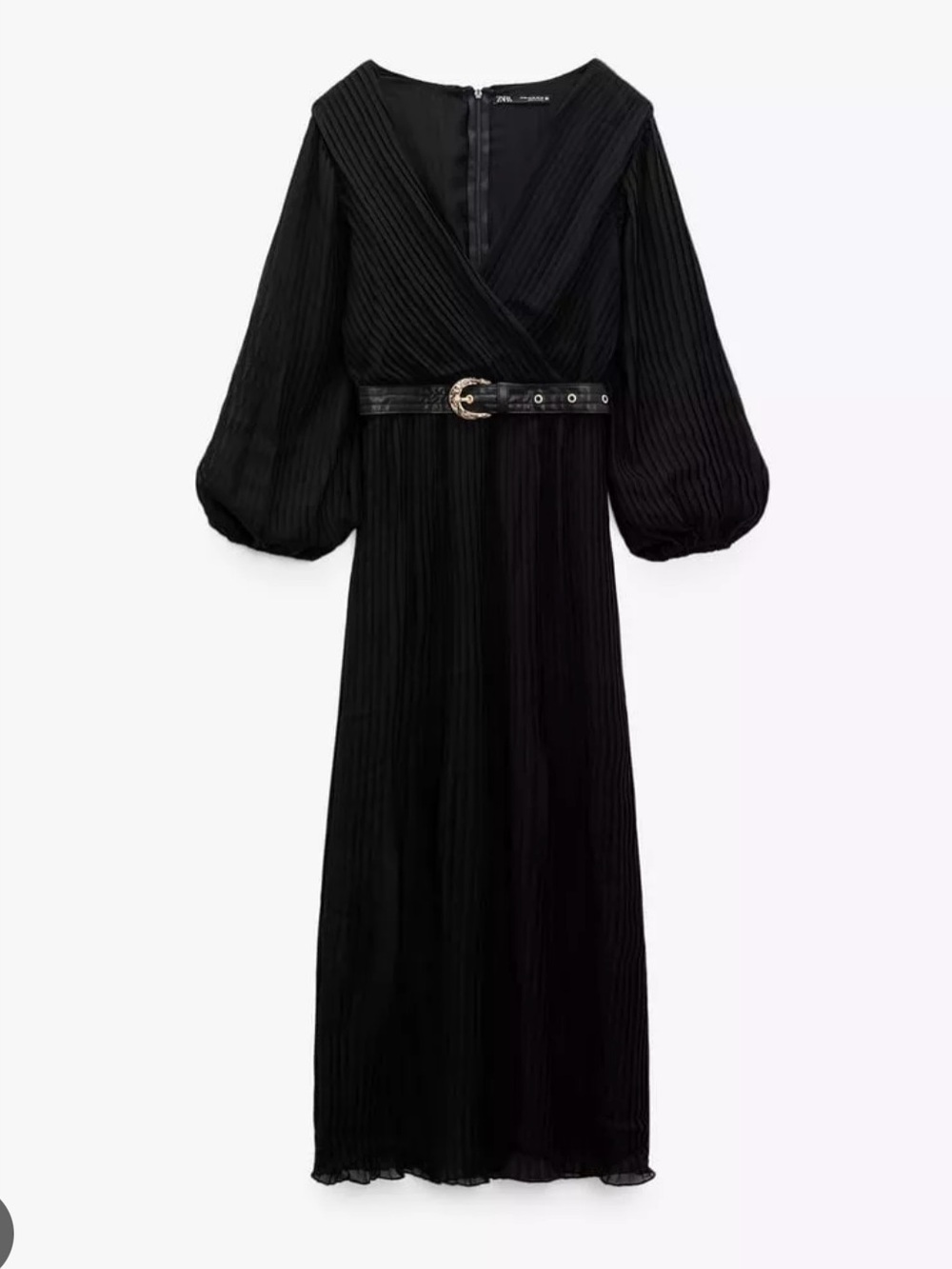 Zara Black Long-Sleeve Pleated Wrap Midi Dress with Belt